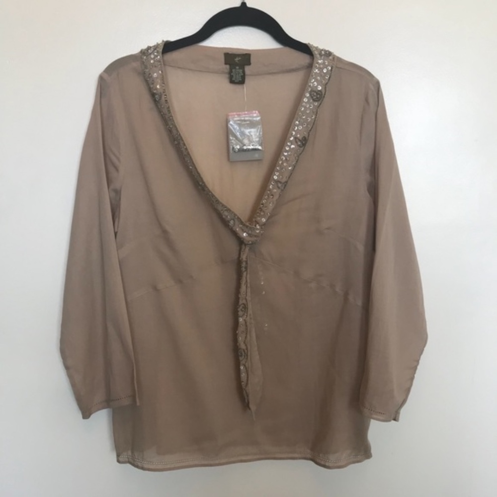 Anthropologie | Beige Sequin Tie Top